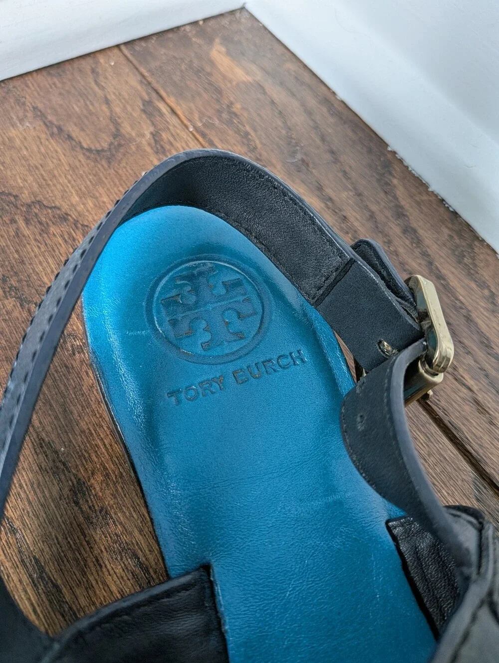 Tory Burch Women's Navy Blue Gold Leather Slingback Sandals Size 8